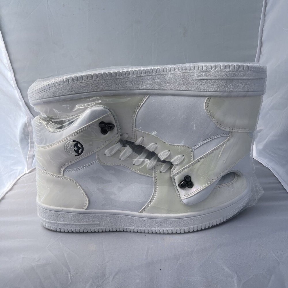 eagsouni leather and rubber sole white high tops, Size 11.5 Or 45